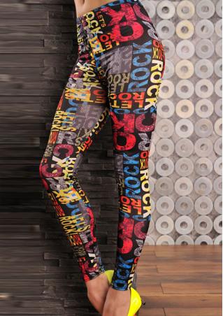 One Size Letter Print Floral Stretchy Leggings