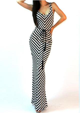 String Belt Stripe Maxi Dress
