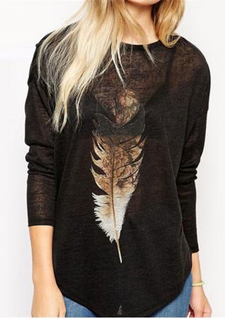 Long Sleeve Feather Print Blouse