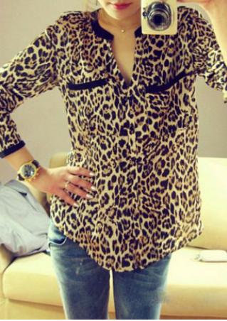 Leopard Print Stand-Up Collar Shirt
