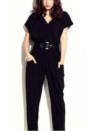 Solid V Neck Short Sleeve Jumpsuit