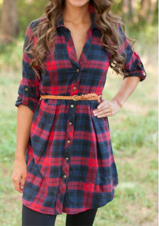 Plaid Turndown Collar Casual Dress Without Belt
