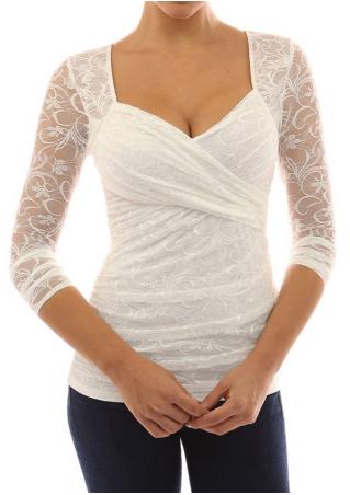 Lace Solid Long Sleeve V Neck T-shirt