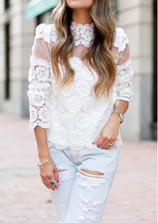 Lace Flowers Solid Splicing Hollow Blouse