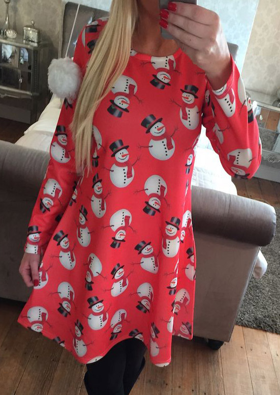 Casual Dresses Christmas Snowman Pattern Printed Long Sleeve Dress in Black,Blue,Gray,Red. Size: S,M,L,XL