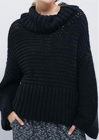 Solid Heaps Collar Wide Sleeve Casual Sweater