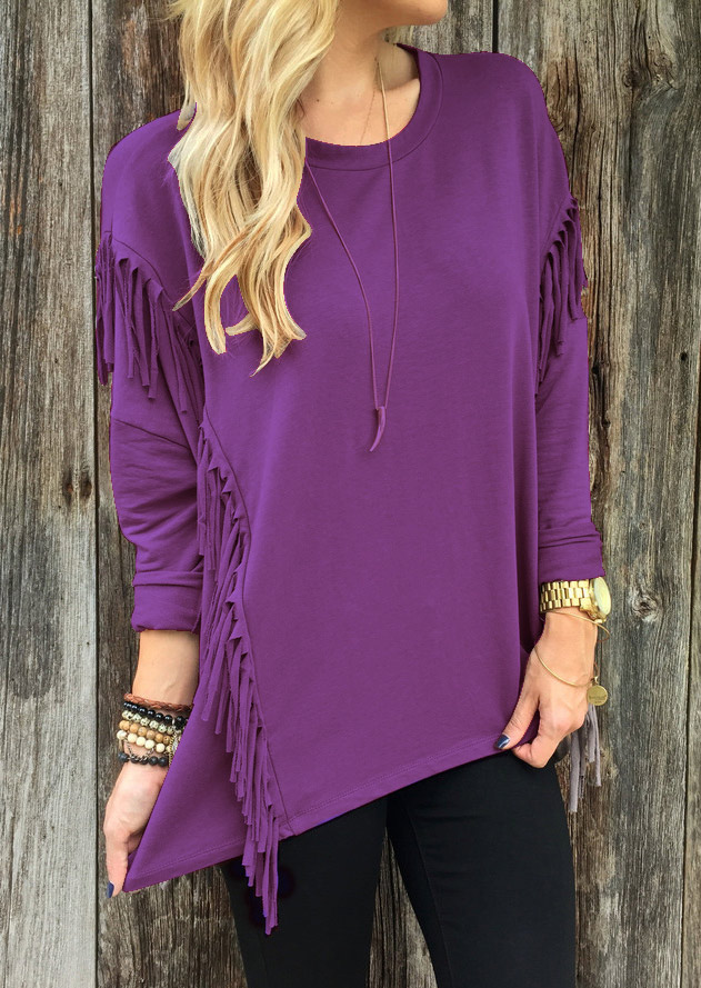 Solid Tassel Casual Long Sleeve Blouse Fairyseason