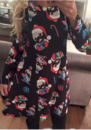 Christmas Pug Printed Long Sleeve Swing Dress