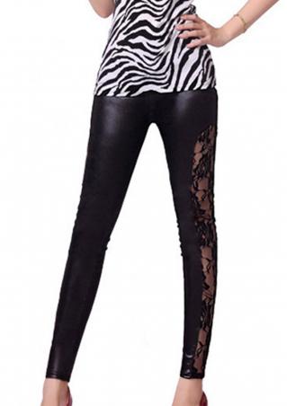 Solid Lace Leather Splicing Hollow Out Leggings