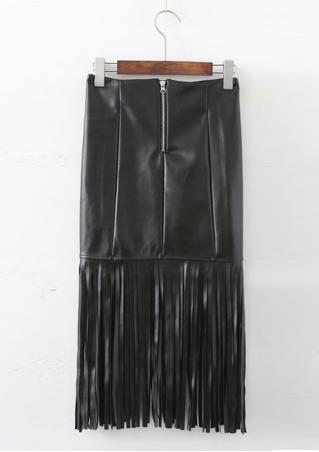 Solid Faux Leather Tassel Bodycon Pencil Skirt