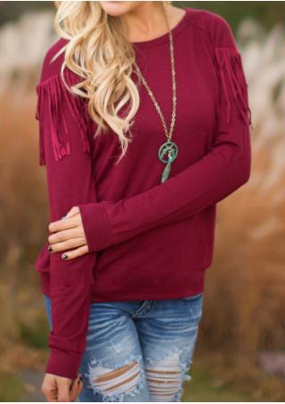 Solid Color Tassel Casual Long Sleeve Blouse