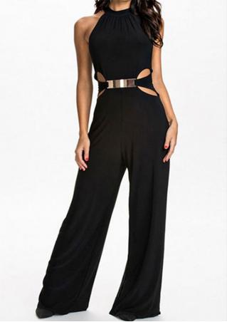 Solid Zipper Backless Hollow Out Flared Jumpsuit