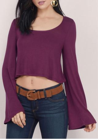Solid Casual Flare Sleeve Crop Top