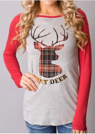 Christmas Plaid Reindeer Printed Splicing T-Shirt