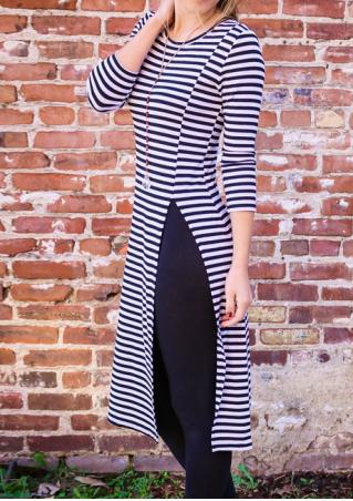 Striped Split Long Sleeve Casual Dress