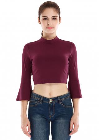 Vessos Solid Backless Flare Sleeve Crop Tops