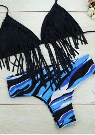 Printed Tassel Halter Bikini Set
