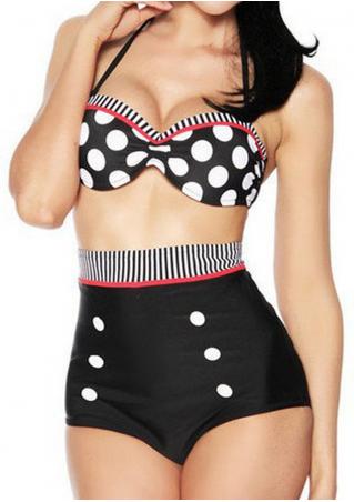 Polka Dot Splicing High Waist Halter Bikini Set