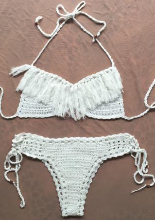White Crochet Tassel Halter Sexy Bikini Set