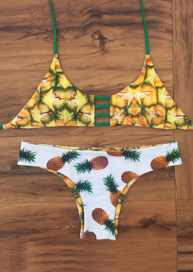 Pineapple Printed Hollow Out Strappy Sexy Bikini Set Fairyseason