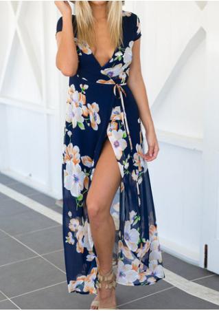 Floral Chiffon Deep V-Neck Sexy Maxi Slit Dress