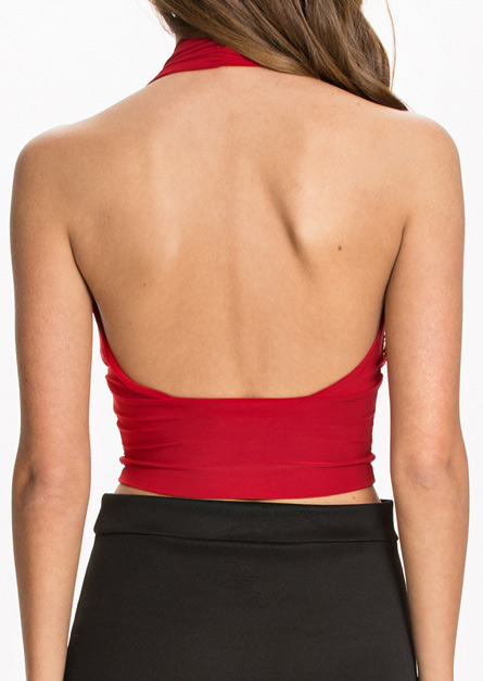 Solid Backless Deep V Neck Halter Crop Top Fairyseason