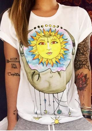 Sun Moon Printed Short Sleeve Fashion T-Shirt