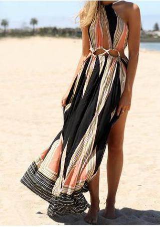 Printed Hollow Out Sexy Maxi Slit Dress