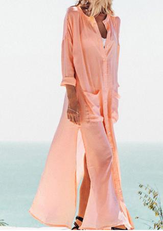 Solid Button Pocket Slit Casual Maxi Dress