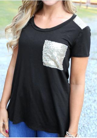 Sequined Pocket Splicing Casual T-Shirt