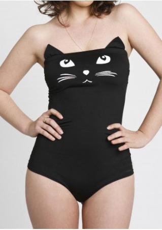 Cat Printed Strapless One-Piece Swimsuit