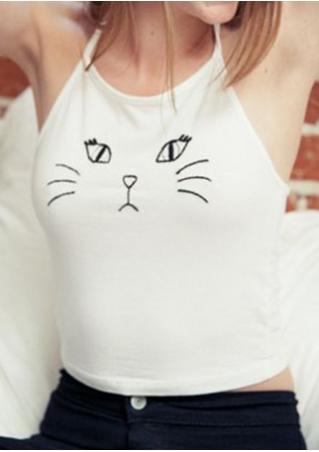 Cat Face Printed Backless Halter Crop Top