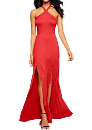 Solid Slit Backless Sexy Halter Maxi Dress