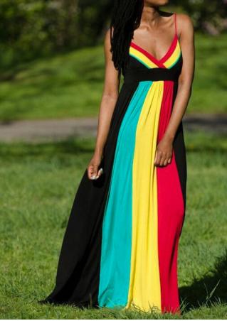 Color Block Backless Sexy Maxi Strap Dress