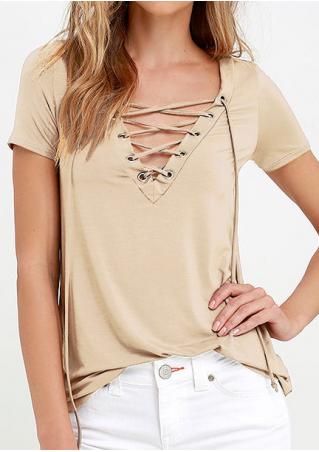 Solid Lace Up V-Neck Fashion T-Shirt