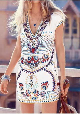 Printed Short Sleeve Mini Dress Without Necklace