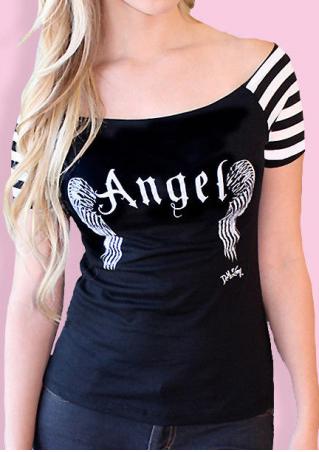 Wings Striped Printed Hollow Out Fashion T-Shirt