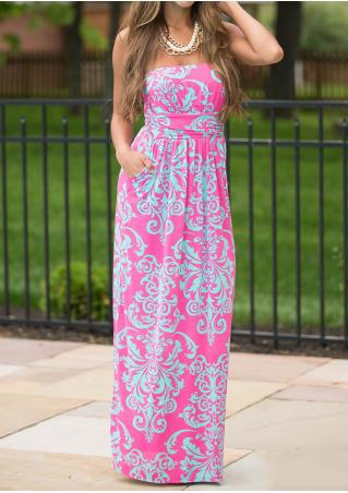 Printed Backless Maxi Strapless Dress Without Necklace