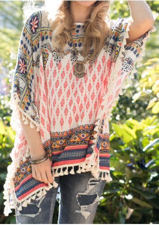 Printed Tassel Casual Blouse Without Necklace