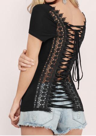 Solid Hollow Out Lace Up Fashion T-Shirt