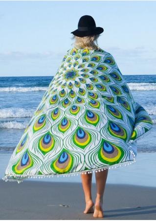 Mandala Peacock Feather Round Beach Blanket