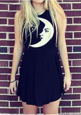 Moon Printed Sleeveless Mini Dress Without Necklace