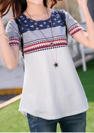 Printed Short Sleeve Casual T-Shirt Without Necklace