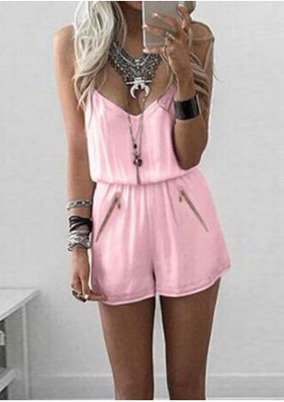 Solid Zipper Spaghetti Strap Romper Without Necklace