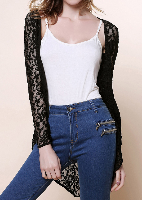Solid Irregular Long Sleeve Lace Cardigan Fairyseason