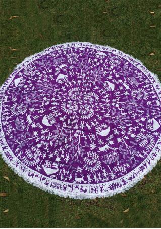 Multi-Pattern Printed Tassel Round Picnic Blanket
