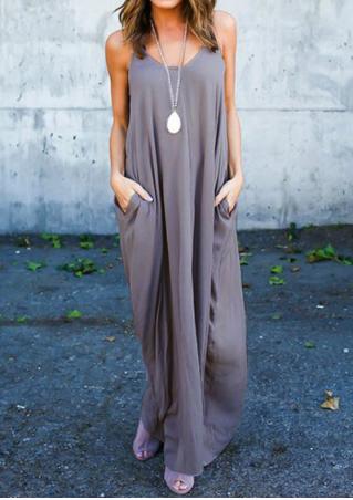 Solid Pocket Loose Strap Maxi Dress Without Necklace