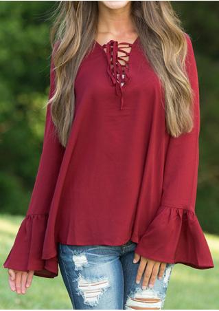 Solid Lace Up Long Sleeve Blouse