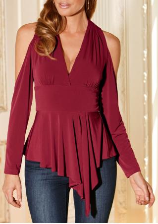 Solid Ruffled Asymmetric Off Shoulder Blouse
