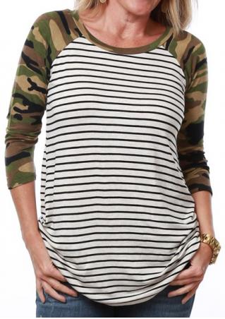 Striped Camouflage Printed Splicing T-Shirt